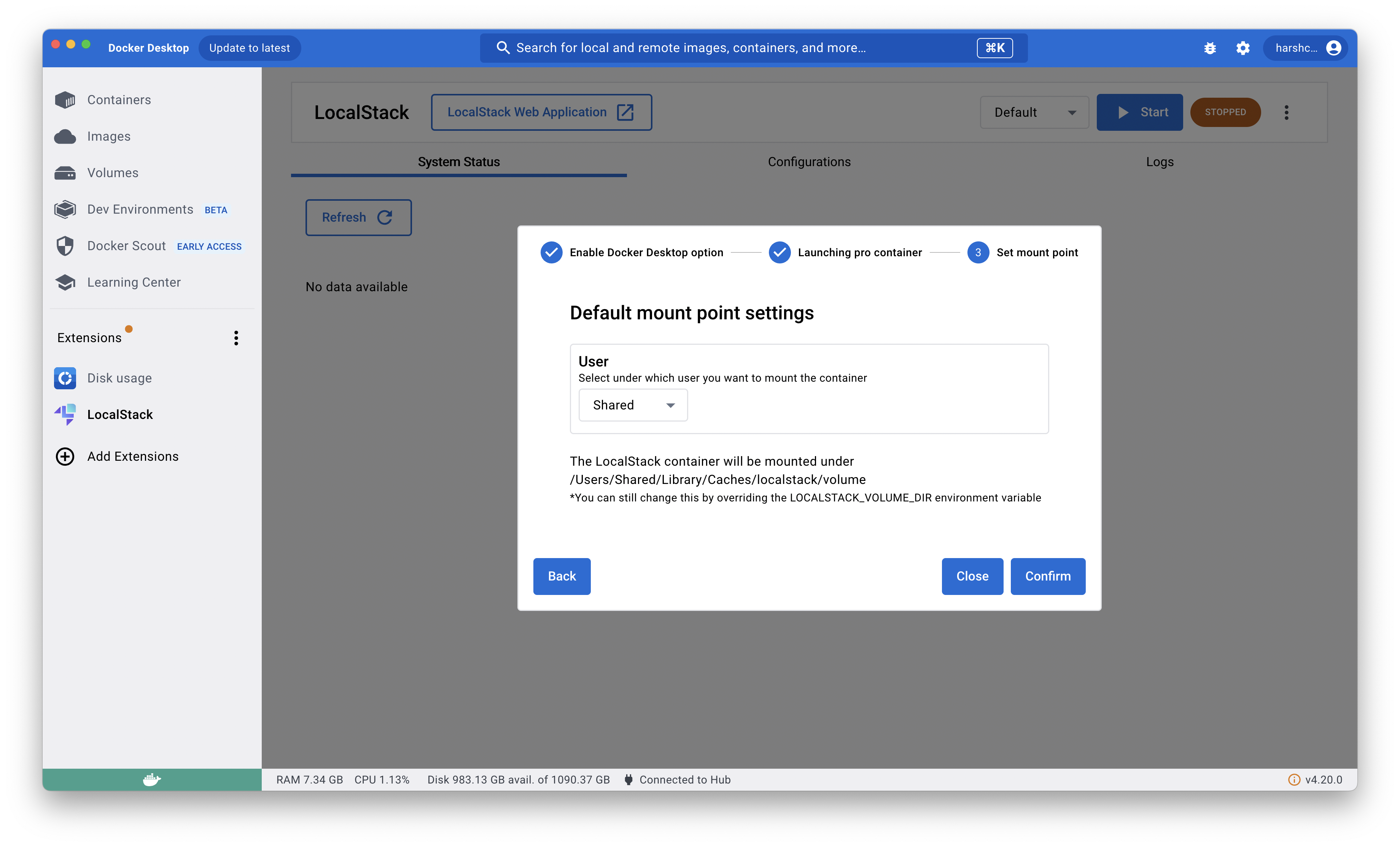 Select the mount point upon the launch of LocalStack’s Docker extension